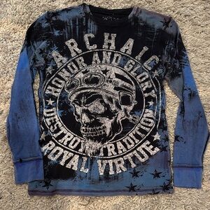 Archaic Blue and Black Skull Graphic Long Sleeve